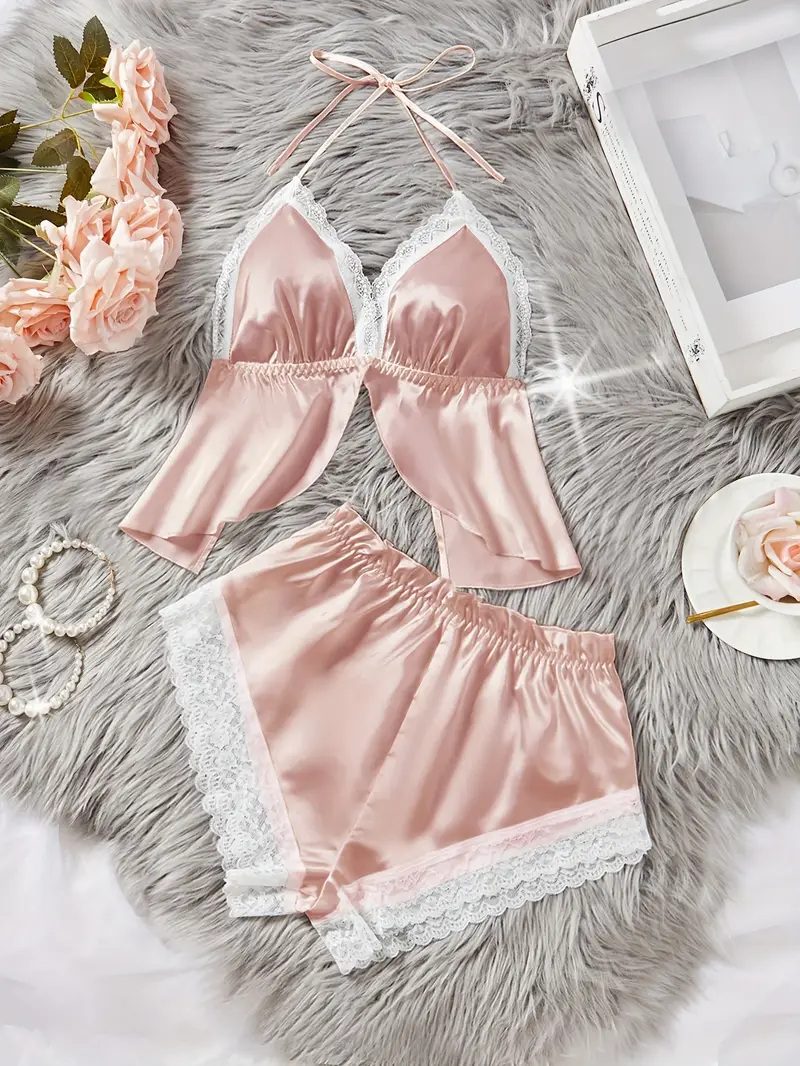 Lace-Trimmed Halter Nightgown & Shorts Set