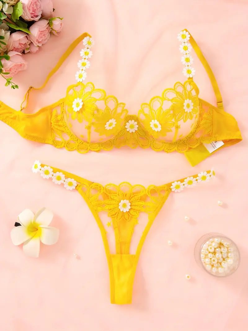 Embroidered Daisy Lingerie Set