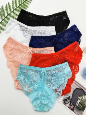 1PC Jacquard Lace Bow Hipster Bikini Panties – Comfortable Breathable Low Waist Briefs, Soft Women’s Lingerie & Underwear