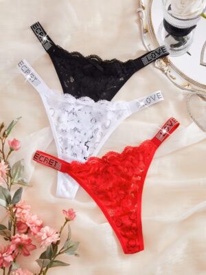 1PC Letter Printed Seamless Lace Thong – Sexy Low-Rise Semi-Sheer Panties, Comfortable Women’s Lingerie & Underwear