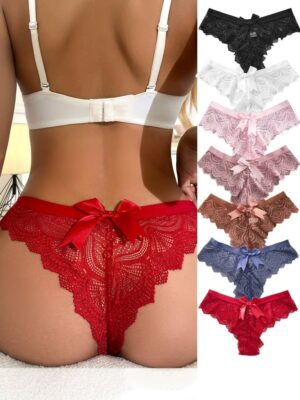 1PC Large Bow Floral Lace Thong Panties – Comfortable Cutout Design, Semi-Sheer Women’s Lingerie & Underwear
