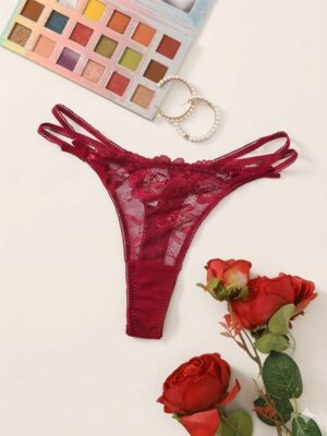 Low-Rise Women’s Lace Jacquard Thong Panties with Butterfly Bow & Contrast Lace Straps – Elegant Hipster Lingerie Underwear